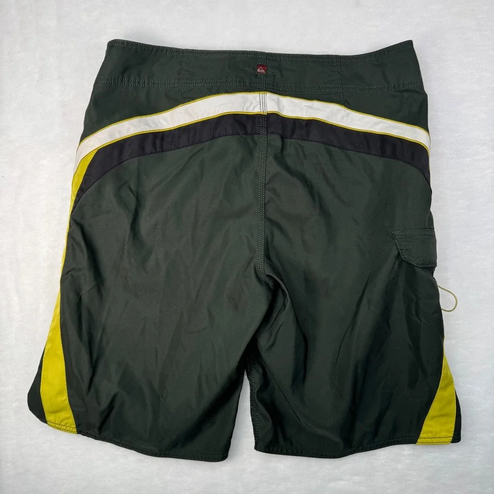 Vintage Quiksilver Boardshorts Mens 36 Olive Green Yellow Surf Swim Y2K Script